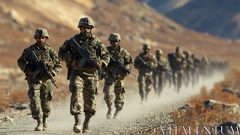 Infantry patrol column advancing on dusty high-altitude mountain track.