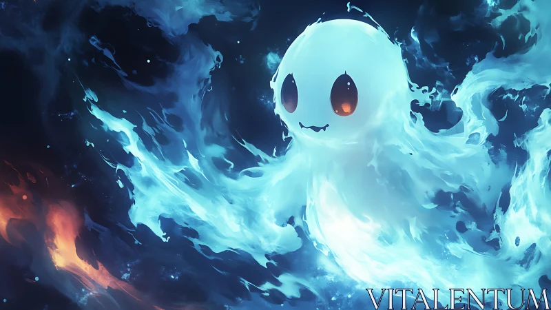 Luminous ghost drifts through swirling blue firestorm