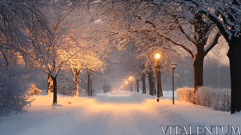 Snow covered tree lined pathway with evening streetlights.