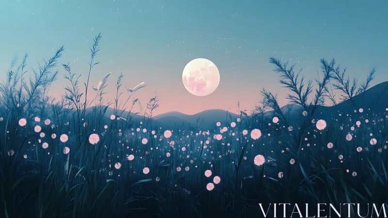 Enchanted moonlit meadow glows softly beneath pastel skies
