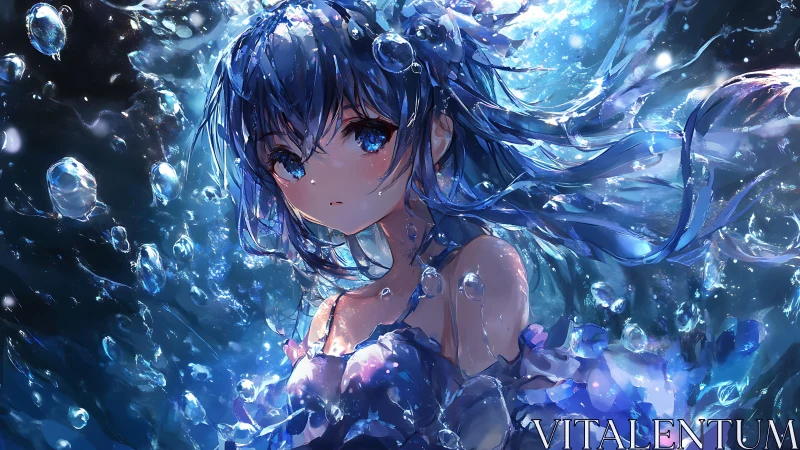 Tidal dreamer adrift in sapphire bubbles and moonlit water.