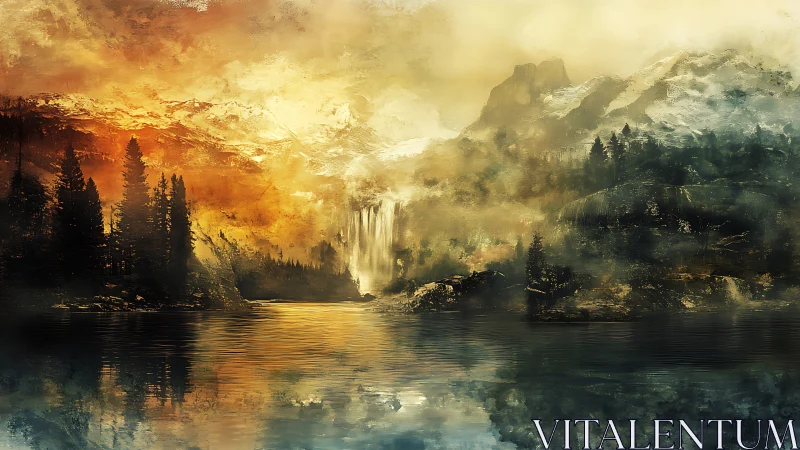 Misty mountain lake with trees, cliffs and waterfall.