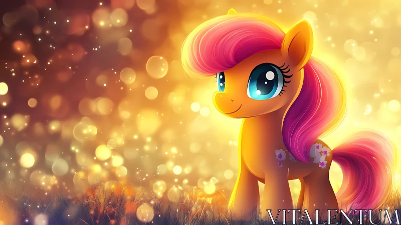 Cartoon pony with pink mane in glowing bokeh field.