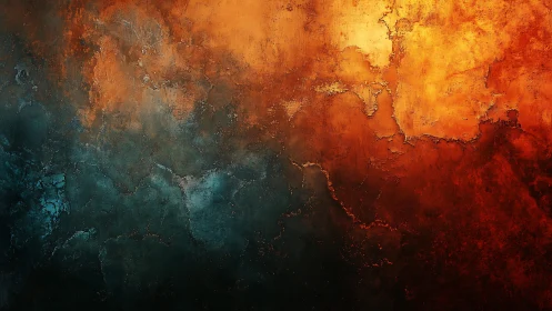 Fiery Orange and Deep Teal Abstract Texture on Grunge Wall.