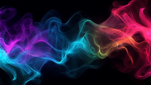 Prismatic smoke rivers weaving neon currents in darkness.