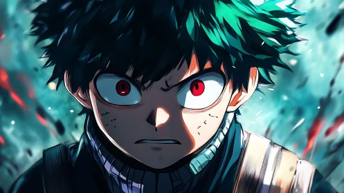 Intense anime portrait with dynamic frontal lighting and motion blur.