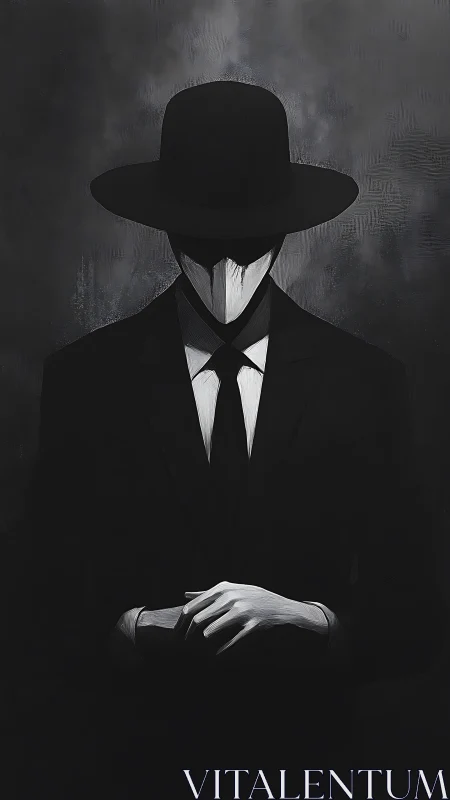 Faceless suited figure in dark monochrome environment.