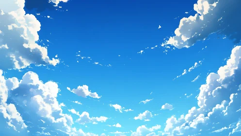 Blue sky scene shows stylized cumulus clouds in formation