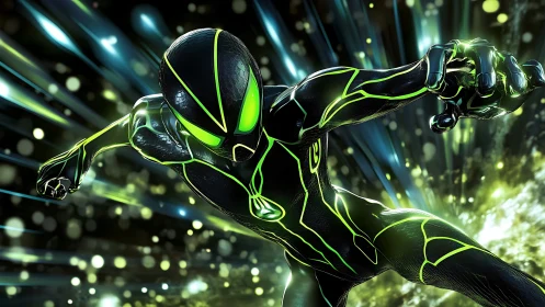 Neon cyber hero dives through kinetic light tunnel.