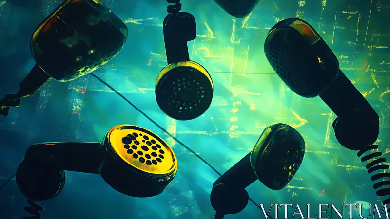 Retro telephone handsets suspended in vivid teal light.