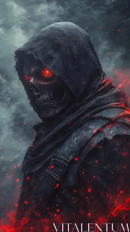 Hooded infernal reaper with burning skull and ember shroud