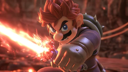 Fiery sword hero lunges through molten chaos with resolve.