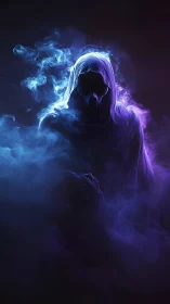 Hooded spectral reaper emerges from swirling neon smoke