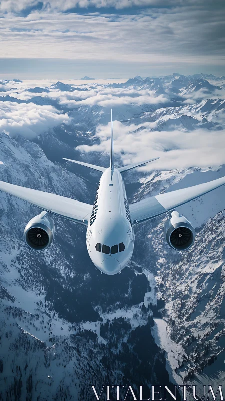 Photorealistic airliner over alpine valley in frontal alignment.