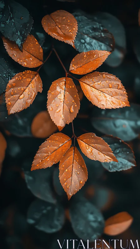 Copper leaves with raindrops over teal shaded foliage.