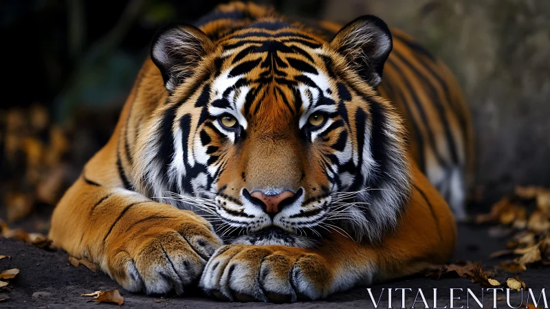 Resting tiger in close frontal view on forest floor.