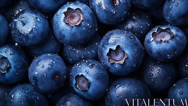High-contrast macro close-up isolates dew-covered ripe blueberries