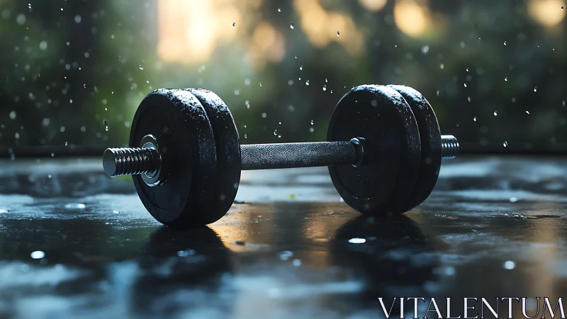 Single metal dumbbell on wet reflective surface outdoors.