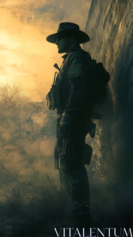 Armed patrol figure in side profile against textured wall.