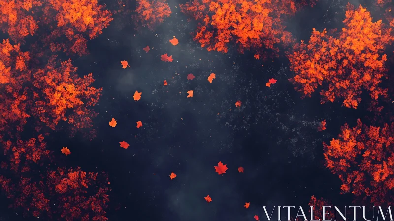 Autumn maple canopy frames dark misty forest floor.