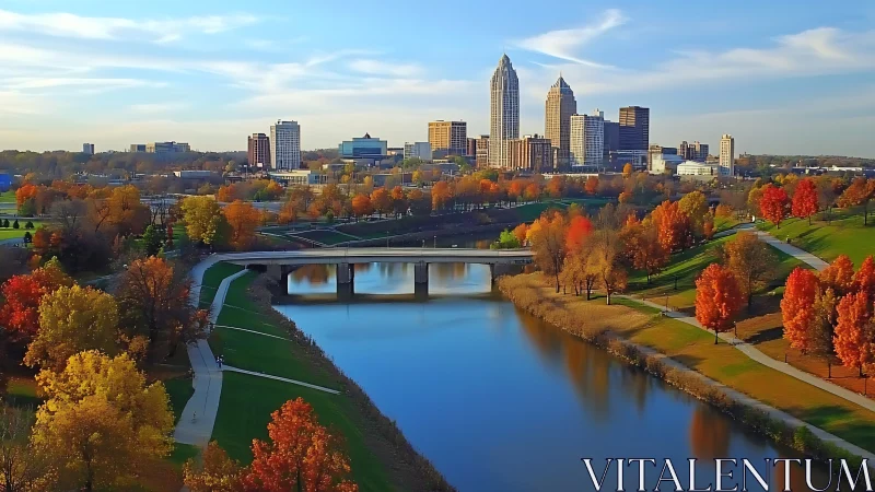 Urban skyline with river and autumn parkland in foreground.
