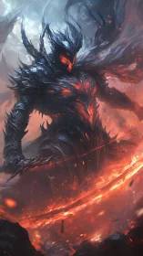 Flaming shadow warlord rises amid swirling infernal storm