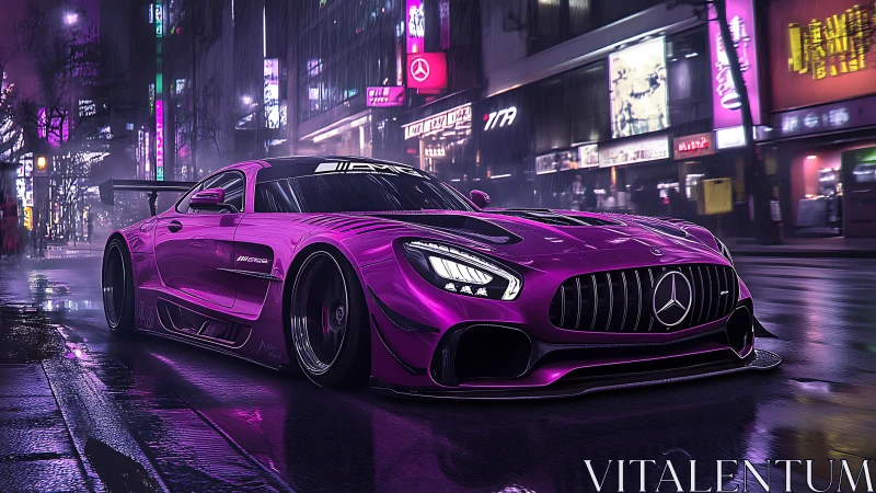 Neon purple supercar prowls a rainy cyberpunk city street