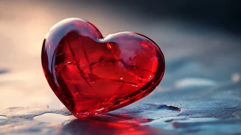 Transparent red crystalline heart form on reflective surface