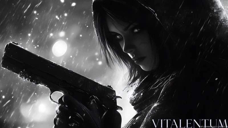 Hooded woman grips handgun in high contrast rain scene