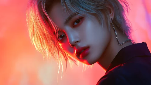 Androgynous digital portrait under vivid neon light.