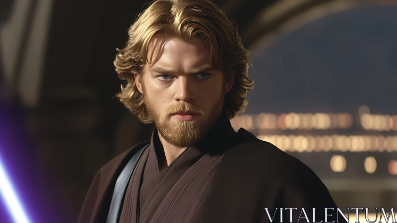 Golden‑haired space guardian holds silent violet resolve.