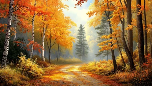 Autumn Forest Road with Golden Canopy.