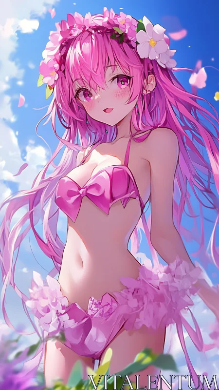 Pink haired beach beauty glowing under a bright blue sky.