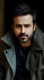 Brooding man in dark coat stares directly into camera