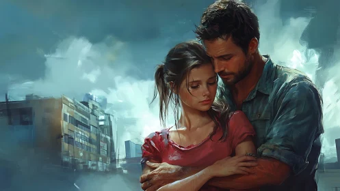 Intimate Urban Moment: Couple in Dystopian Cityscape
