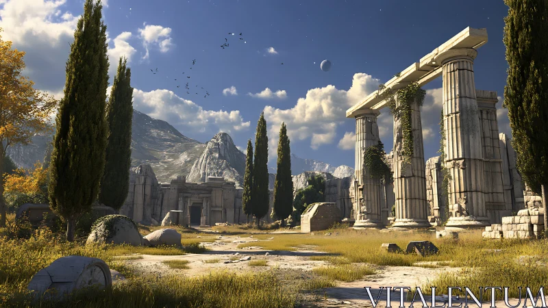 Ancient marble ruins bask in serene mountain sunlight.