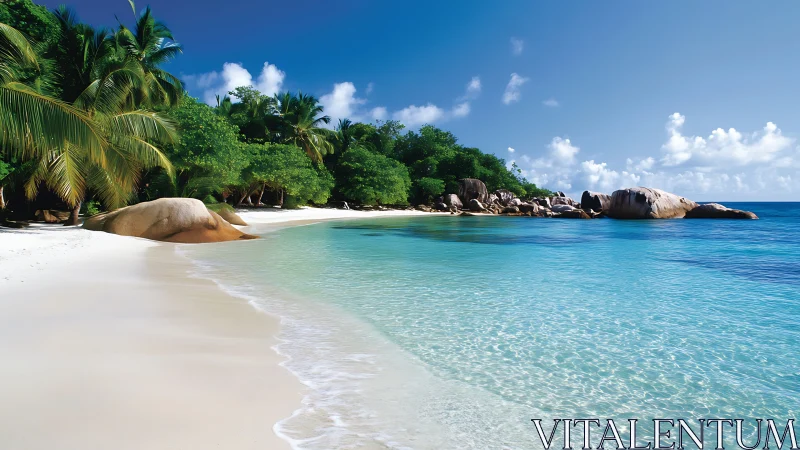 Tropical Beach with Granite Boulders and Palm Trees.