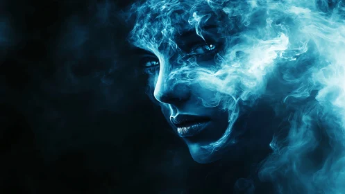 Ethereal cyan female visage emerging from swirling smoke