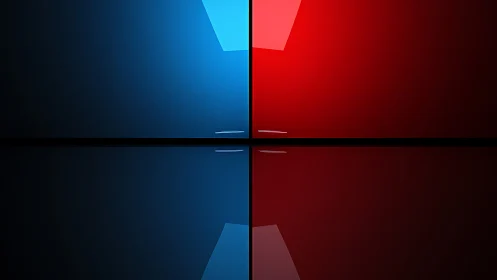 Bold red and blue glass panels glow in a sleek grid layout