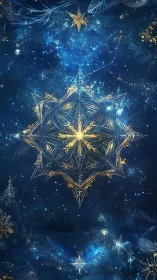 Starlit golden snowflake drifts softly in a deep night sky