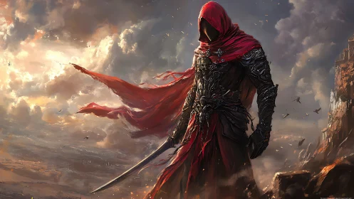 Armored hooded warrior in red cloak dominates stormy cliff edge