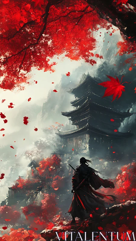 Lone wanderer beneath crimson leaves and misty temple spires.