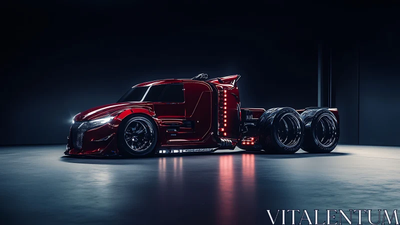 Futuristic red semi truck renders under dramatic studio lighting