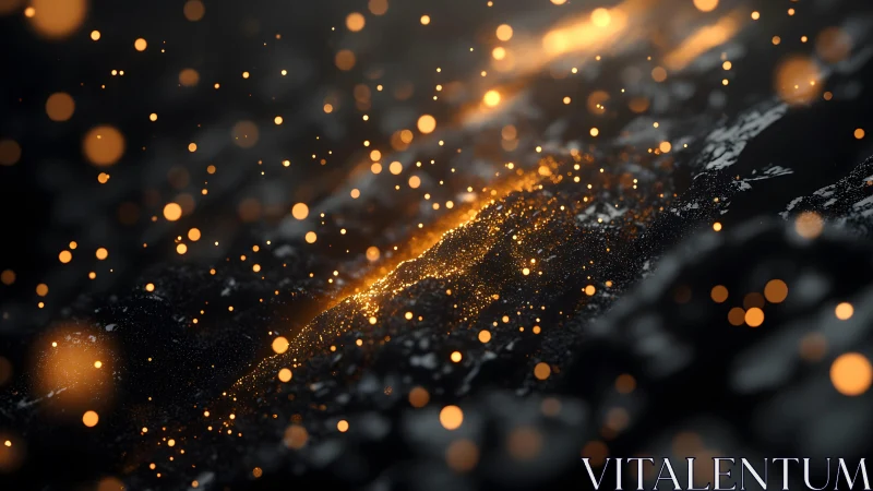 Abstract glowing gold particles on dark background, digital art style.