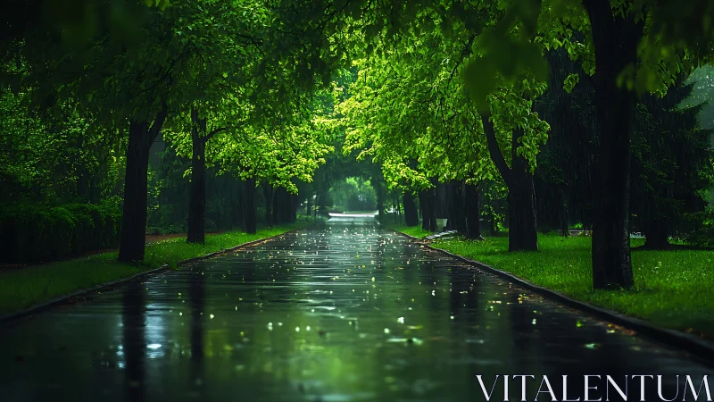 Tree-lined park pathway with wet reflective surface after rain.