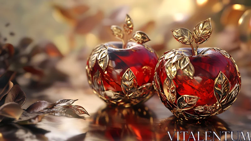 Jewelled ruby apples gleam with ornate golden leaves.
