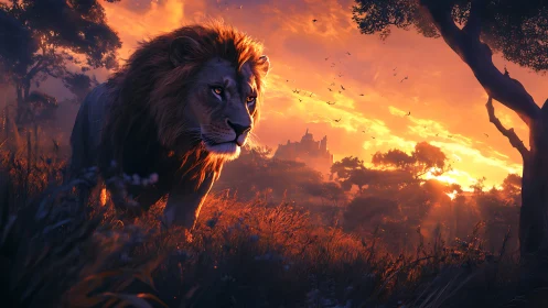 Radiant savannah lion in volumetric sunset illumination.