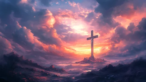 Atmospheric crucifix landscape under volumetric sunset cloudfield.