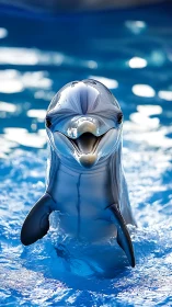 Smiling dolphin emerging from bright blue pool water.