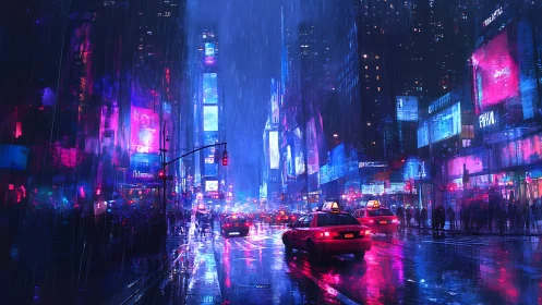 Neon soaked city street with taxis in heavy night rain.